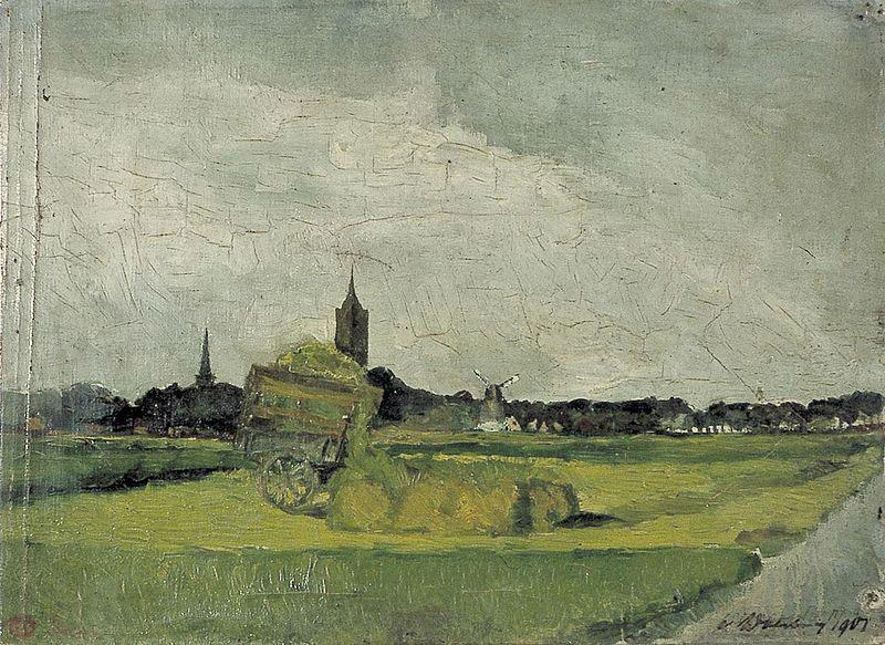 Theo van Doesburg Landschap met hooikar, kerktorens en molen. France oil painting art